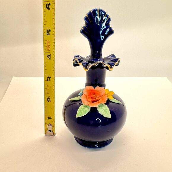 Decorative Perfume Bottle w/ Stopper Rose Flower Cobalt Blue Gold Ruffle Trim - Picture 8 of 10